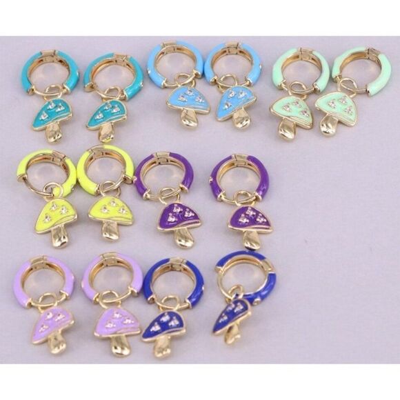 Gold Plated Rainbow Colored Enamel Mushroom Capped Huggie Hoop Festival Earrings - Picture 12 of 13